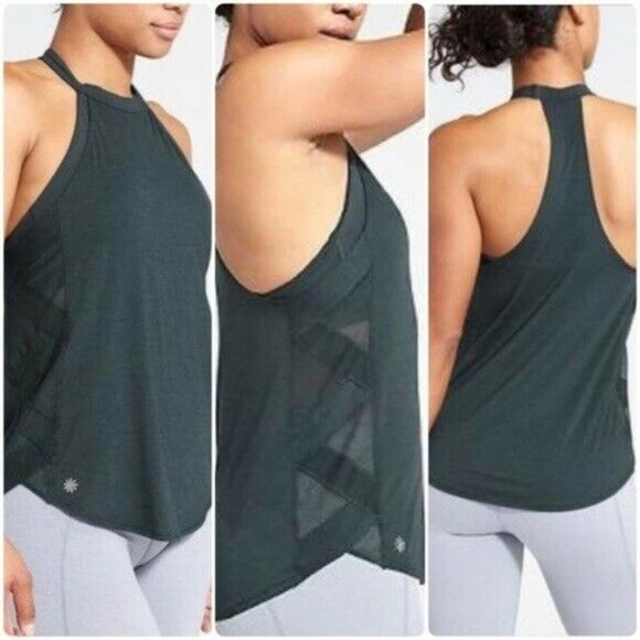 Athleta XS Lattice T Back Tank Bulit In Bra Solid Green Workout Athletic - Picture 1 of 8